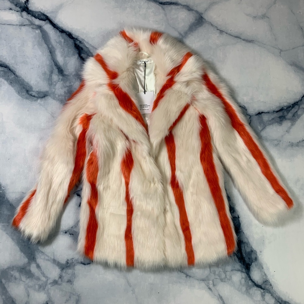 Glamorous White and Orange Faux Fur Striped Coat